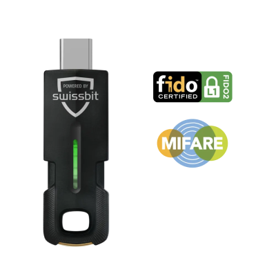 Swissbit ishield Key 2 with Fido2 and Mifare Desfire EV2 functionality with logos